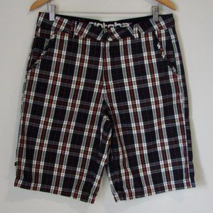 Plaid  Shorts Mens Navy White Plaid Flat Front Shorts Size 32